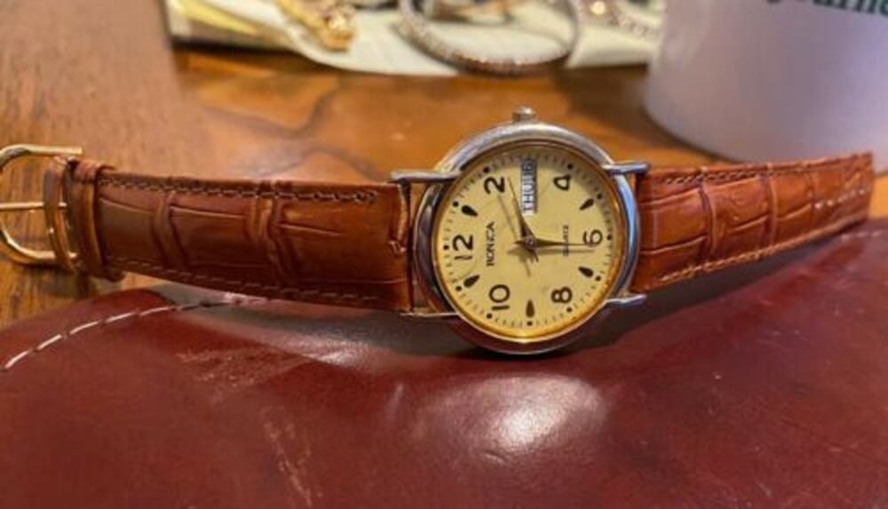 Women's 34mm Ronica Gold Tone Watch, Day/Date, Brown Band